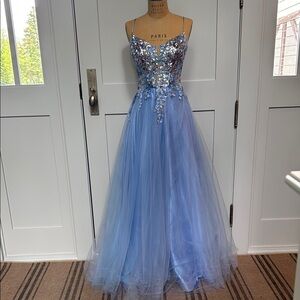 Clarisse Blue and Silver Embellished Tiered Gown